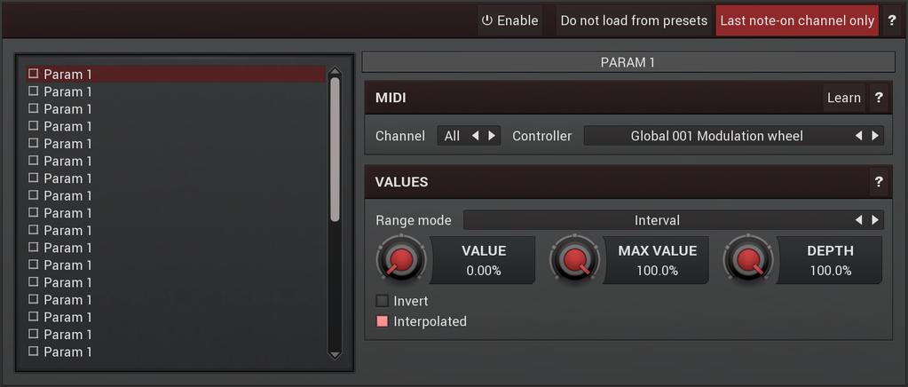 Controllers panel Controllers panel contains settings of MIDI controllers. Do not load from presets button Do not load from presets button disables loading the controllers from presets.