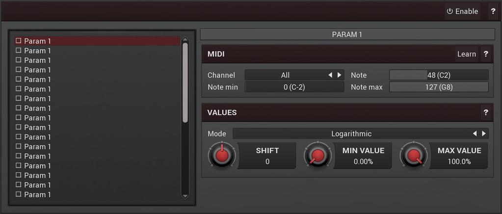 Notes panel contains settings of MIDI note controllers, if you want to control parameters using MIDI keys. Learn Learn enables or disables MIDI learn.