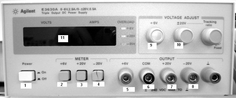 Agilent E3630A DC Power Supply 1) Power supply 2) Should be pressed in when you are adjusting the +6 V knob 3) Should be pressed in when you are adjusting the +20 V knob 4) Should be pressed in when