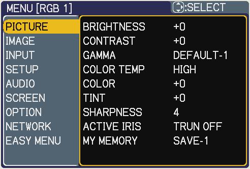 item. Then perform it according to the following table. Item BRIGHTNESS CONTRAST Using the / buttons adjusts the brightness. Light Dark Using the / buttons adjusts the contrast.