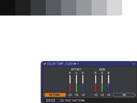 the ENTER button displays a dialog to aid you in adjusting the OFFSET and GAIN of the selected mode. OFFSET adjustments change the color intensity on the whole tones of the test pattern.