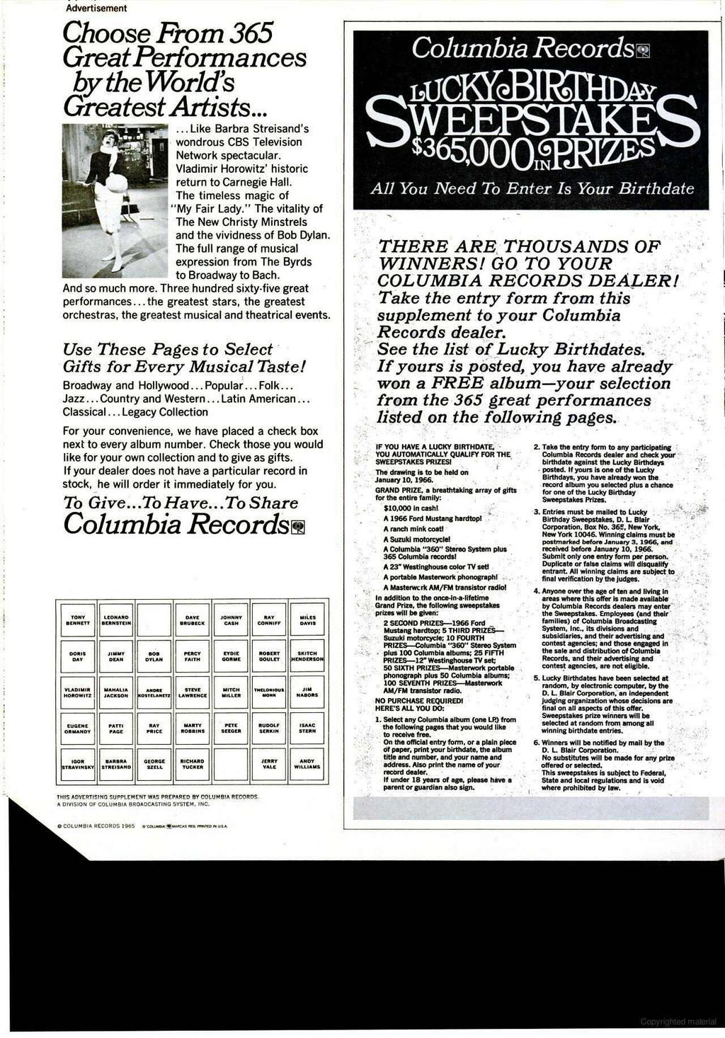 Advertisement www.americanradiohistory.com Choose From 365 Great Performances by the World's Greatest Artists...... Like Barbra Streisand's wondrous CBS Television Network spectacular.