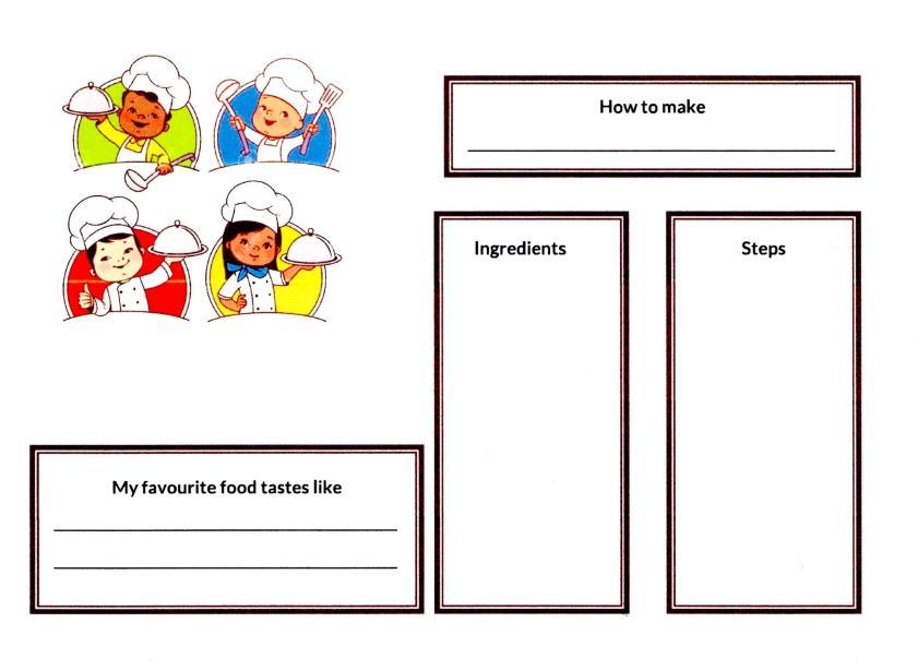 Recipe Writing Ask children to think about their favourite meal and how it s made. If they don t know, they can make it up!