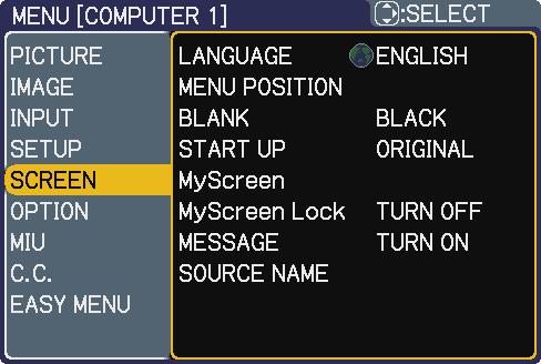 SCREEN menu SCREEN menu From the SCREEN menu, items shown in the table below can be performed.