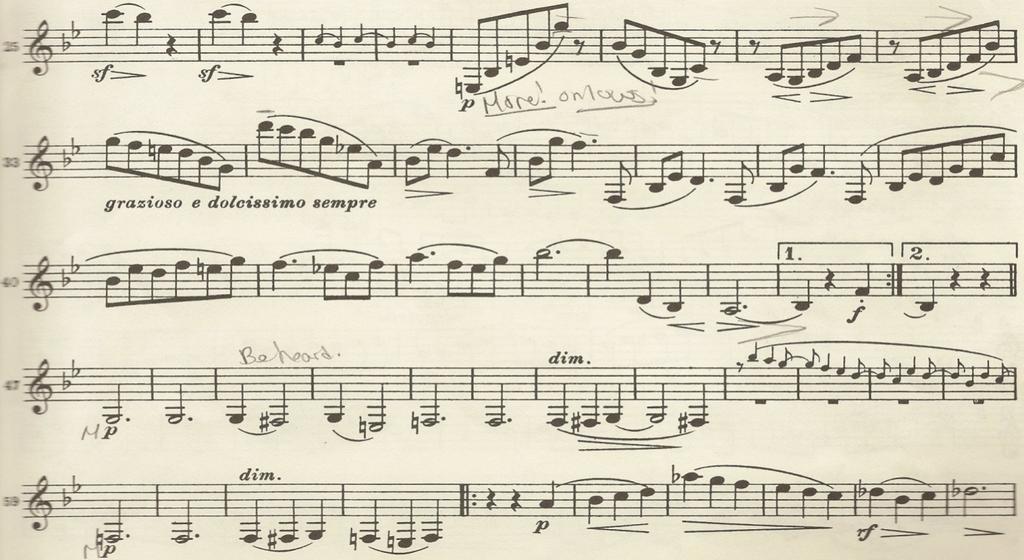 2 In measure 49, Brahms repeats the opening melody, but an octave lower and at a dynamic of piano instead of forte.