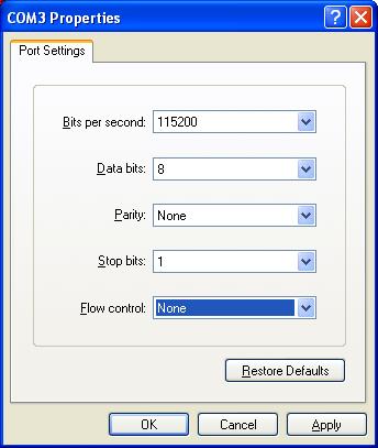 USB COM Port Settings Whether using a Windows terminal program such as Hyperterminal, a control application, or a dedicated control system, the baud rate settings are the same: