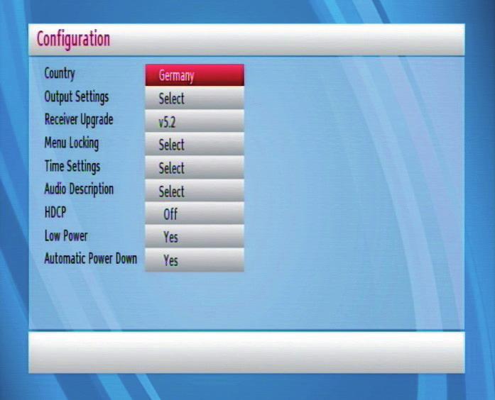 Configuration You can confi gure the settings of your set-top box. Select Configuration from Setup menu and press OK to view this menu. Press the EXIT button on the remote control to exit.