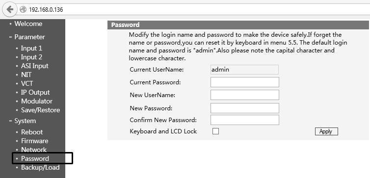 LOGIN Use this function to change the USER NAME and PASSWORD to access the system WARNING : DO NOT CHANGE THIS PARAMETER UNLESS YOU NEED TO Improper setting of this parameter might result with loss