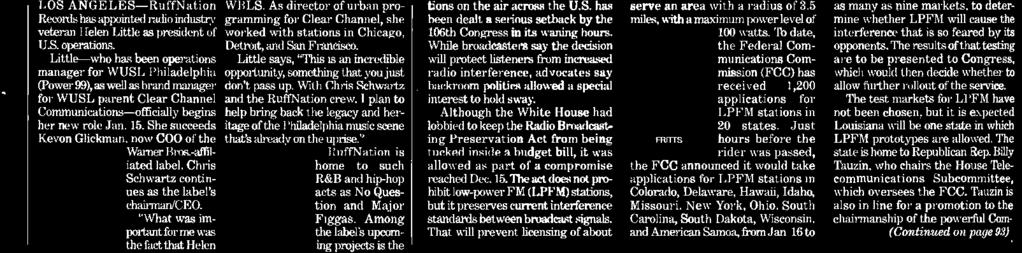 little To Head RuffNation Radio Vet Assumes President's Post Jan. 15 BY GAIL MITCHELL Dallas KJMZ, and New York's LOS ANGELES -RuffNation WBLS.