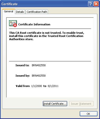 nodului atribuit(ă) pentru certificat). c Când apare următorul dialog, faceţi clic pe View Certificate (Vizualizare certificat).