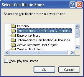 Funcţii de securitate f Selectaţi Place all certificates in the following store (Păstraţi toate
