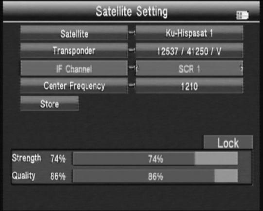 Center Frequency: Use number key to input number. Store: Store the setting. 3.7.6 AUTO SCAN In the Sat/Tp Manager submenu, select Auto Scan into Automatic SAT Scan.