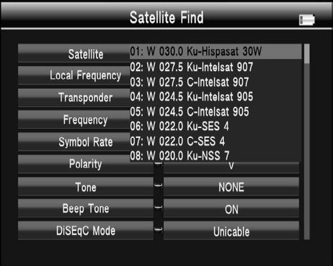 confirm a selection. 3.1 DVB-S2 Select DVB-S2, then press OK into the Satellite Find.