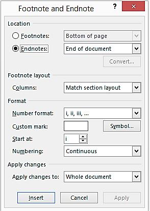 c. Default Endnote options are shown in the screen shot on the