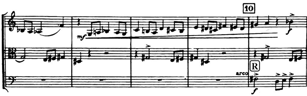 In Trio by Paul Hindemith (Fugue 1), the ostinato unfolds unchanged together with the first two entrances, being modified by successive transpositions to a different discursive plane (from G# to F#,