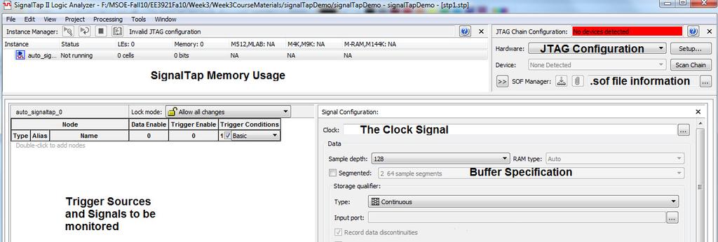 IV. Basic Concepts behind SignalTap Fig. 4. SignalTap main window There are three main concepts behind SignalTap: the clock signal, the trigger and the buffer. Please refer to Fig.
