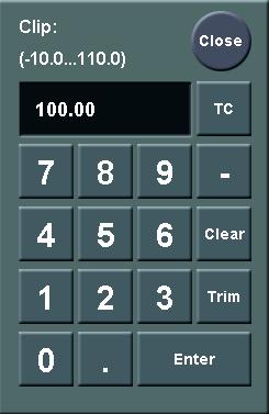 Numeric keypad window 1 Item display 2 Max./min. value indication 3 Input value 4 Close button 5 TC (timecode) button 6 (minus) button 7 Clear button g Clear button This clears the input.