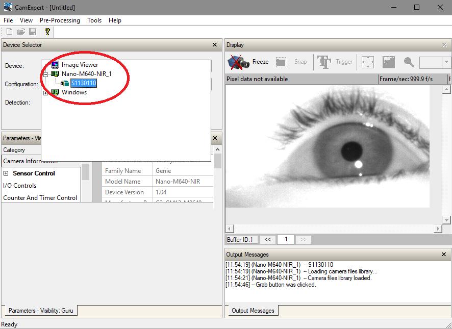 iv) Run the Sapera Cam Expert utility to check if the camera is detected, as shown below.