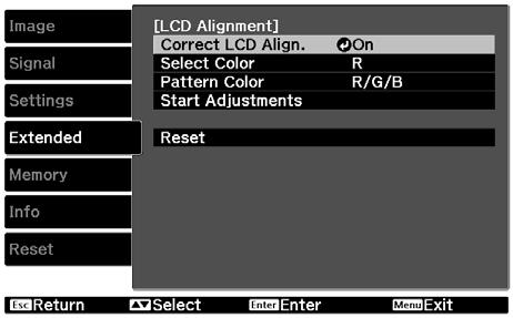 Follow these steps to adjust the projector s LCD alignment: 1. Press the Menu button on the remote control. Select Extended from the main menu, and then select LCD Alignment.