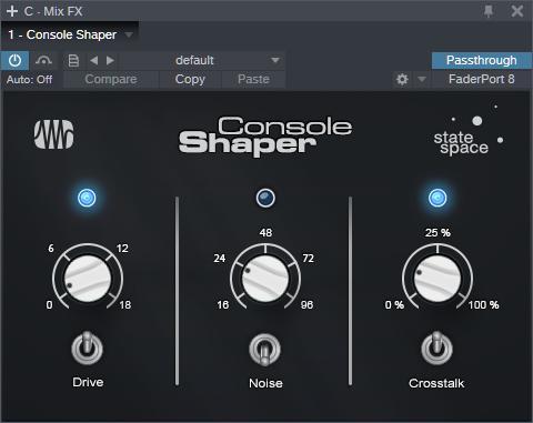 Example One: Console Shaper Flow The Presonus Console Shaper plug-in is the first Mix FX plug-in (included with Pro) which includes a "Mix Processor" per channel associated with the bus and a "Sum