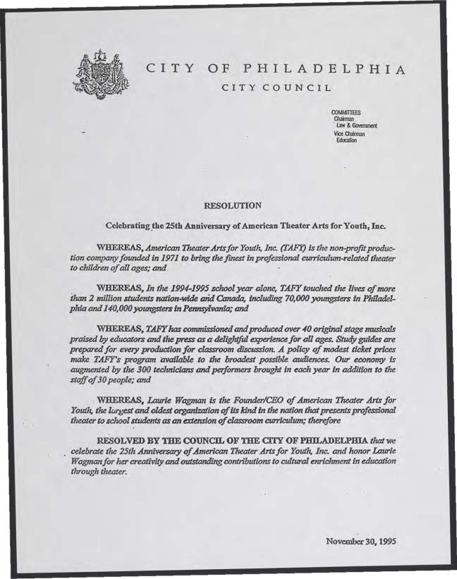 CITY OF PHILADELPHIA CITY COUNCIL RESOLUTION Celebratng.the 25th Annversary of Amercan Theater Arts for Youth, Inc.