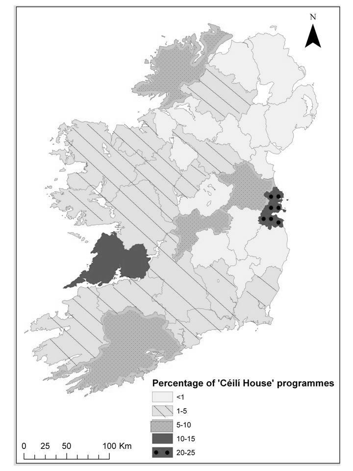 Figure 6: Maps demonstrating the number of programmes recorded in each county for the radio series Céilí House on RTÉ Radio 1.