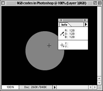 Image coding in computing. The interior of the disc has R codes [128, 128, 128] in Photoshop, halfway up the code scale from black to white.