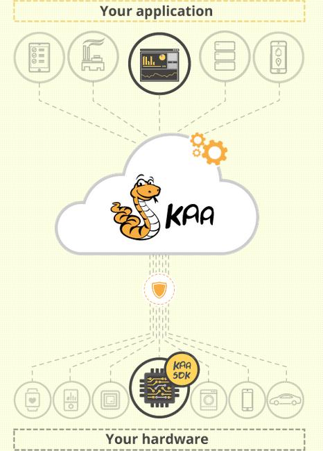 Kaa IoT platforma je sestavljena iz Kaa grozda (angl. cluster), ki vsebuje vozlišča z strežniki in Kaa klientov/odjealcev-končnih točk (angl. endpoints), na katerih je nameščena komponenta SDK.