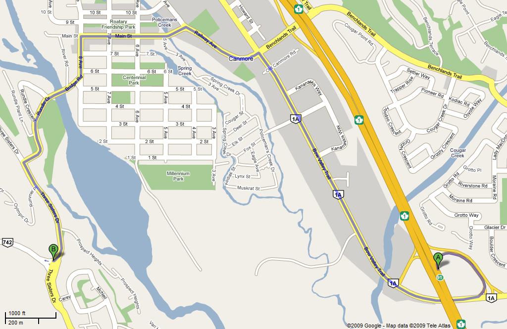 Map of Canmore, AB Showing directions