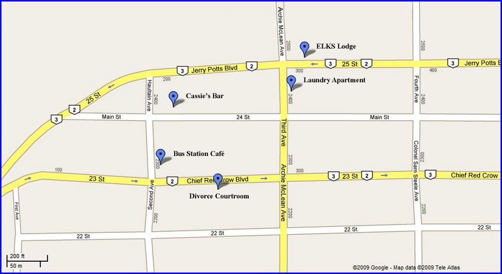 Map of Fort Macleod, AB Showing downtown locations where scenes in Brokeback Mountain were filmed.