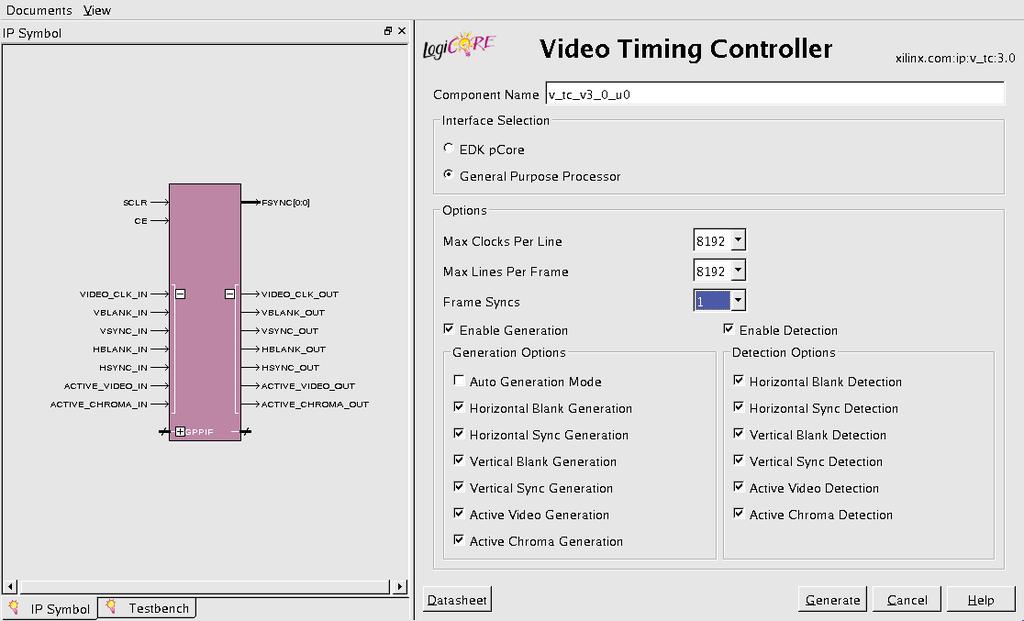 CORE Generator Graphical User Interface (GUI) The Xilinx Video Timing Controller core is easily configured to meet the developer's specific needs through the CORE Generator graphical user interface