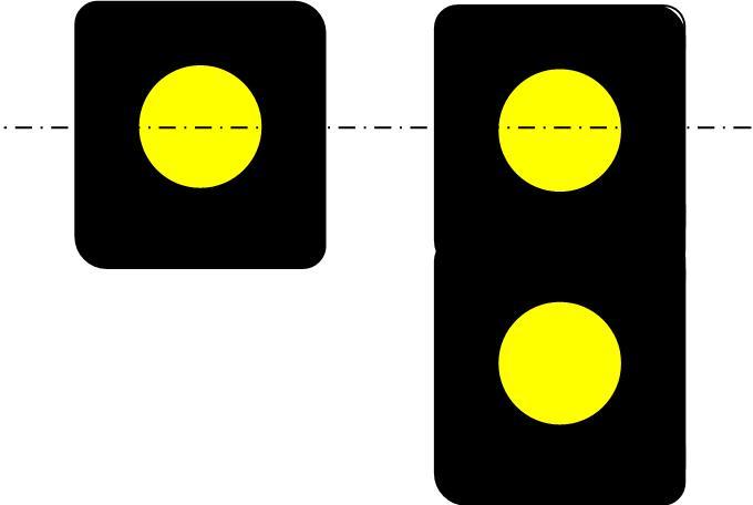 The single yellow is positioned so that is appears level with the top yellow light of the double yellow Figure 51: Splitting distant left-hand junction caution Splitting distant right-hand junction