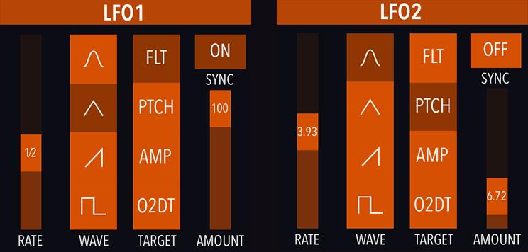 LFO1 & LFO2 Both of the LFOs (low frequency oscillators) feature the same controls, and let you modulate 2 parameters simultaneously.