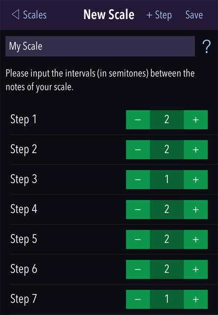 To create a new scale, tap the + button on the Custom tab of the scale selection dialog. Enter a name for the scale, and set up its interval pattern.