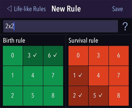 To create a new Life-like rule, tap the + button on the Custom tab of the rules selection dialog.