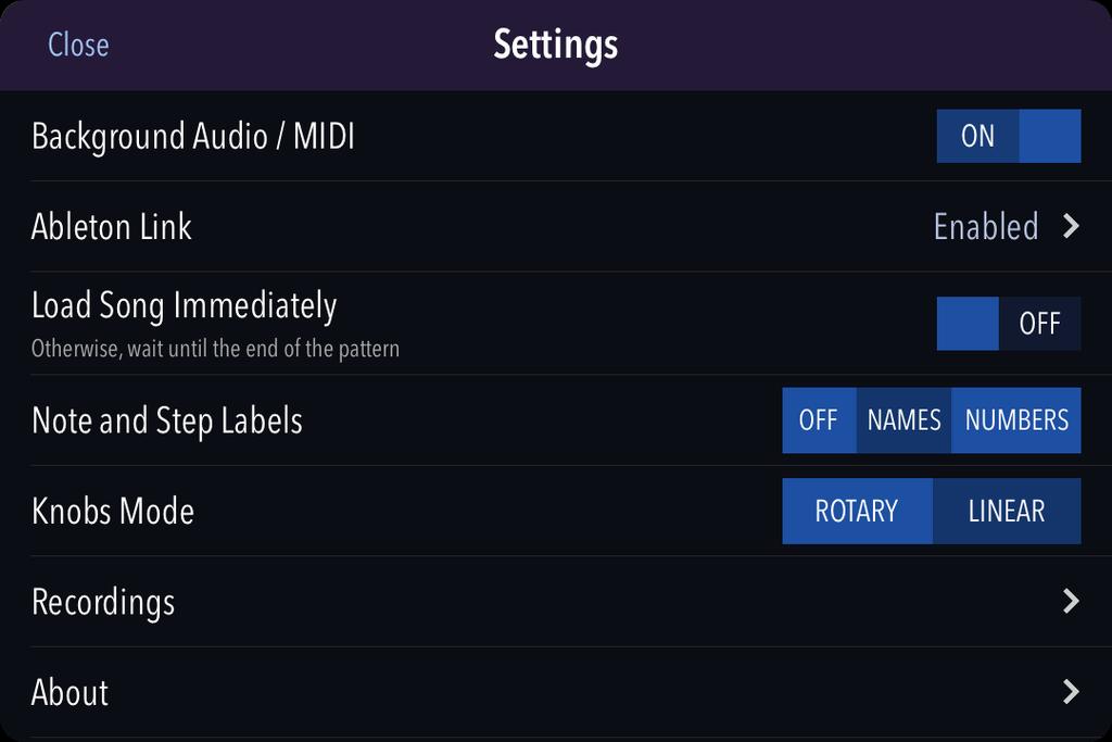 SETTINGS Background Audio / MIDI switch controls the ability to play audio and process MIDI events when Xynthesizr is in background mode.