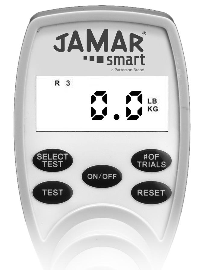 SET-UP/TEST Power ON Press the [ON/OFF] key on the face of the Jamar Smart Hand Dynamometer. The display will appear as shown below, with the display showing the most recent test protocol.