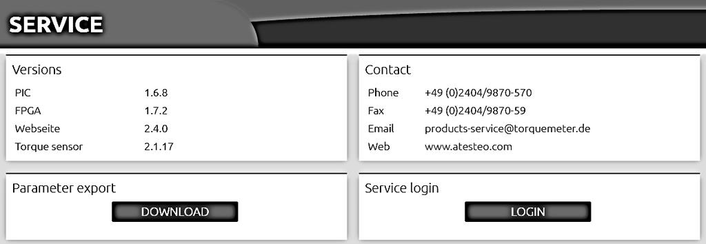 5.15 Service page The up to date firmware version of the device and manufacturer s contact details can be found on the Service