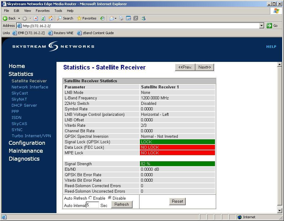 Figure 4 Statistics page with no signal lock 2. Select Satellite Receiver from the Configuration menu in the left hand navigation bar.