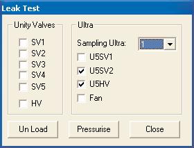 Click the Leak Test icon select the tube number that you will load for the flow measurement, and load the tube. Ensure all the tick boxes in the dialogue box are unticked except for U5HV2 and U5HV.