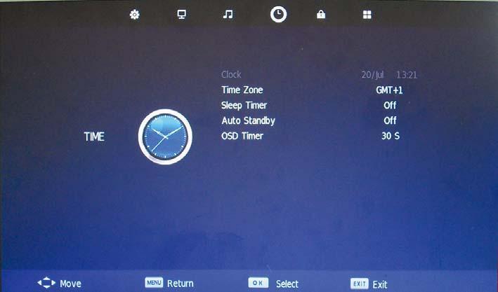 OSD Menu OSD Menu 4. TIME menu Description Clock: Display the time. Time Zone: Allows you to select the time zone.