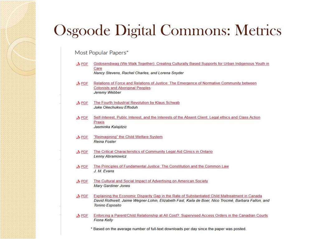 As mentioned at the top of this presentation Digital Commons provides some great metrics which can be used to evaluate the research