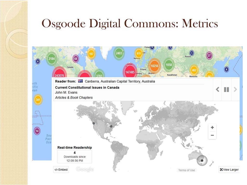 Digital Commons also provides a real time map that pinpoints reader activity globally showing where each