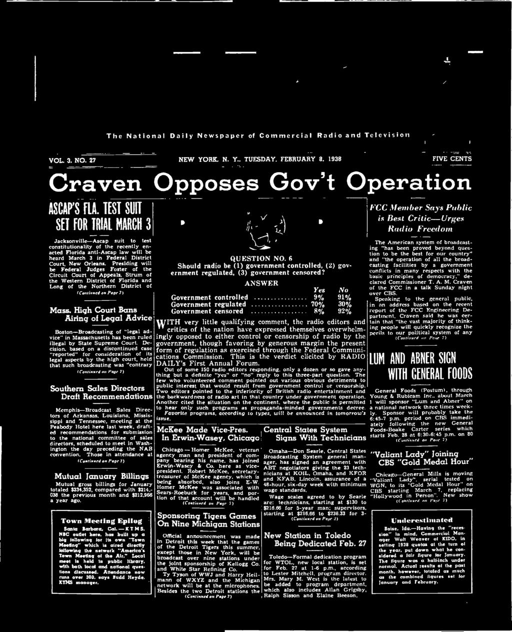 "t The National Daily Newspaper of Commercial Radio and Television VOL. 3, NO. 27 NEW YORK, N. Y.. TUESDAY. FEBRUARY 8, 1938 FIVE CENTS Craven Opposes Gov't Operation ASCAP'S FLA.