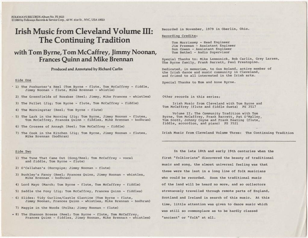 FOLKWAYS RECORDS Album No. FS 3523 1980 by Folkways Records &< Service Corp., 43 W. 61st St.