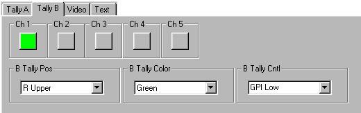 The Tally B menu below allows you to set the following parameters for Tally B in each of the individual five channels. Click on the box below each channel to select it.