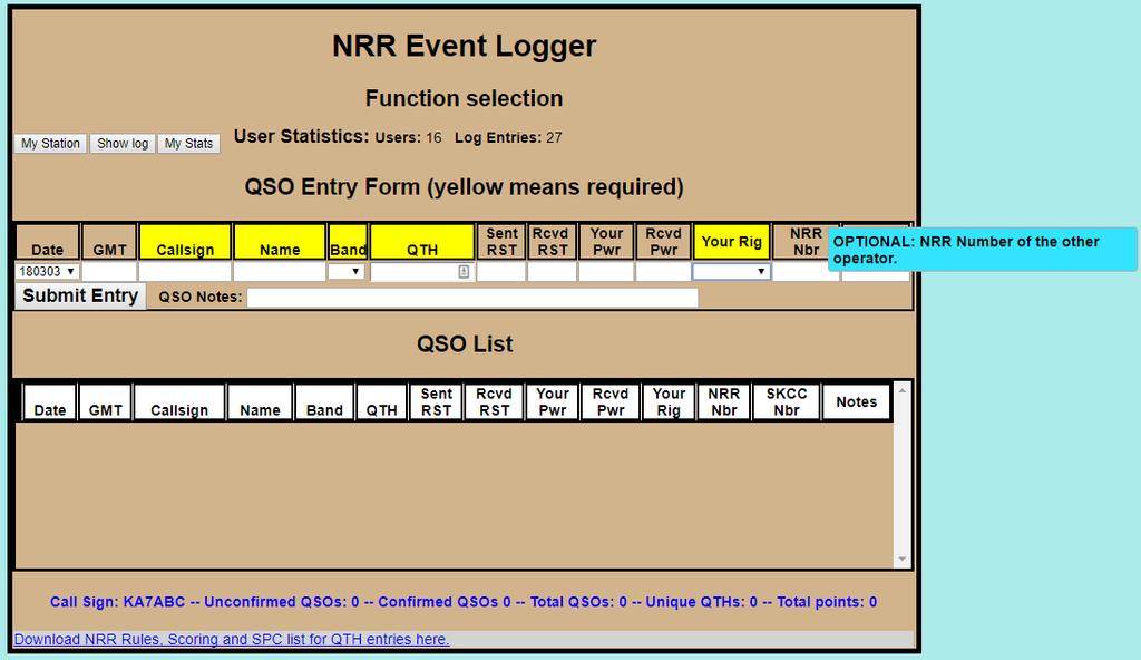 The NRR nbr data field is for recording the Novice Rig Roundup number
