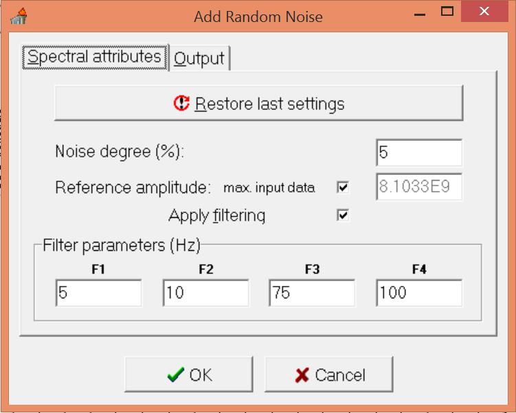 5.8 Noise Depress the "Noise" button to add random noise to the seismic data. The control dialog will appear with following options available.