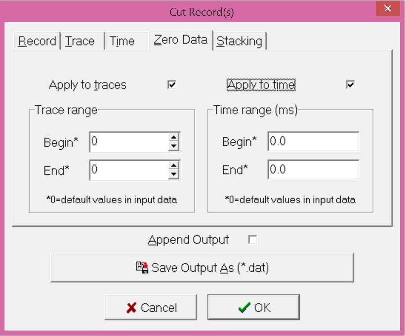 Zero Data Apply to traces Apply to time Will show options to specify beginning and ending traces to erase data values (i.e., fill with zeros).
