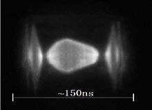 The shutter opening monitor shows that the shot time of image (a) is 36ns and the shot time of image (b) is 43ns. Image (c) is captured during the following edge of beam pulse.